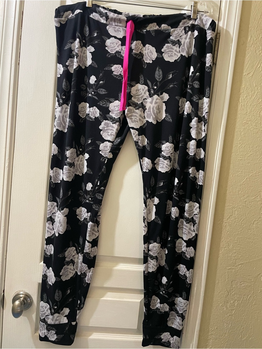 Bobbie Brooks Black Floral Leggings with Hot Pink Drawstring